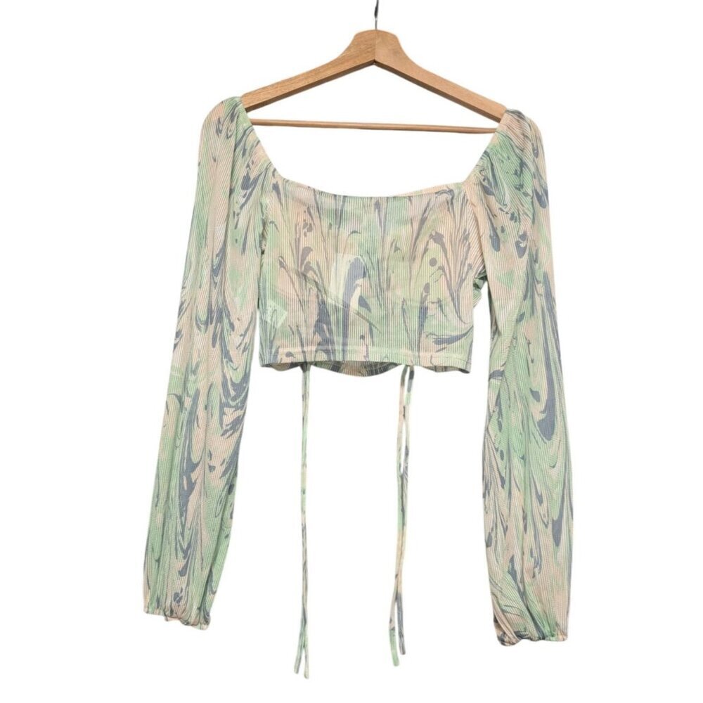 Privy Women's Size M Green Blue Swirl Marble Print Long Sleeve Ruched Crop Top - Picture 2 of 10